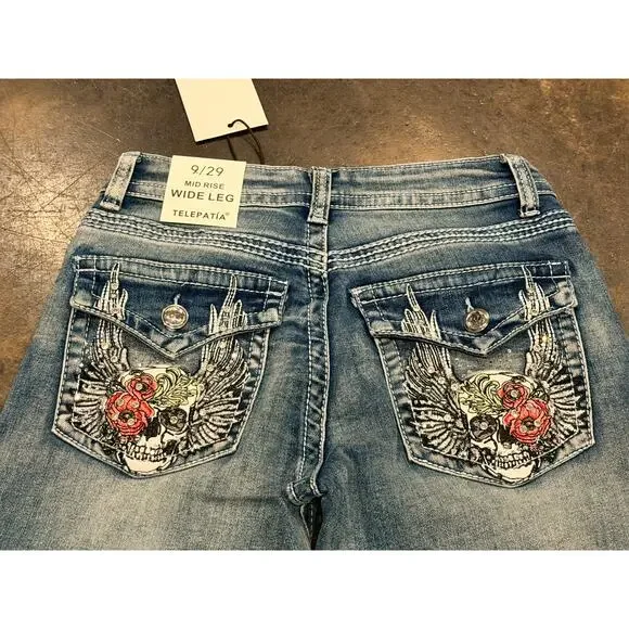 Telepatía Mid-Rise, Wide-Leg Denim Stretch Embellished Jeans Women’s 9/29 Skull - Picture 7 of 12